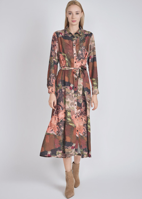 Belted Brown Dress with Abstract Print & Long Sleeves