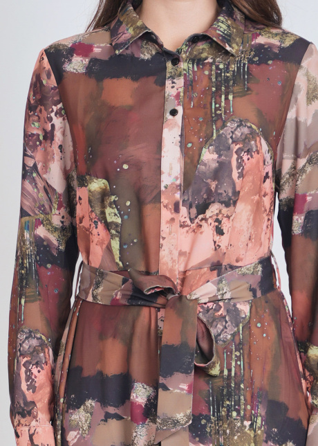 Belted Brown Dress with Abstract Print & Long Sleeves