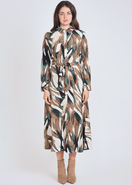 Olive Patterned Midi Dress with Button Front
