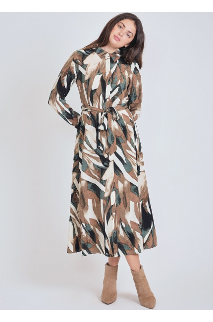 Olive Patterned Midi Dress with Button Front