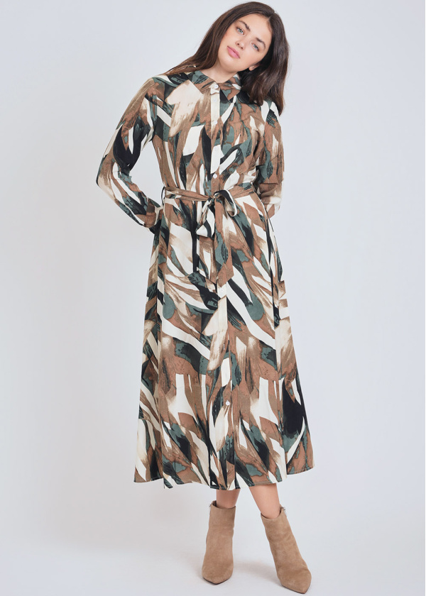 Olive Patterned Midi Dress with Button Front