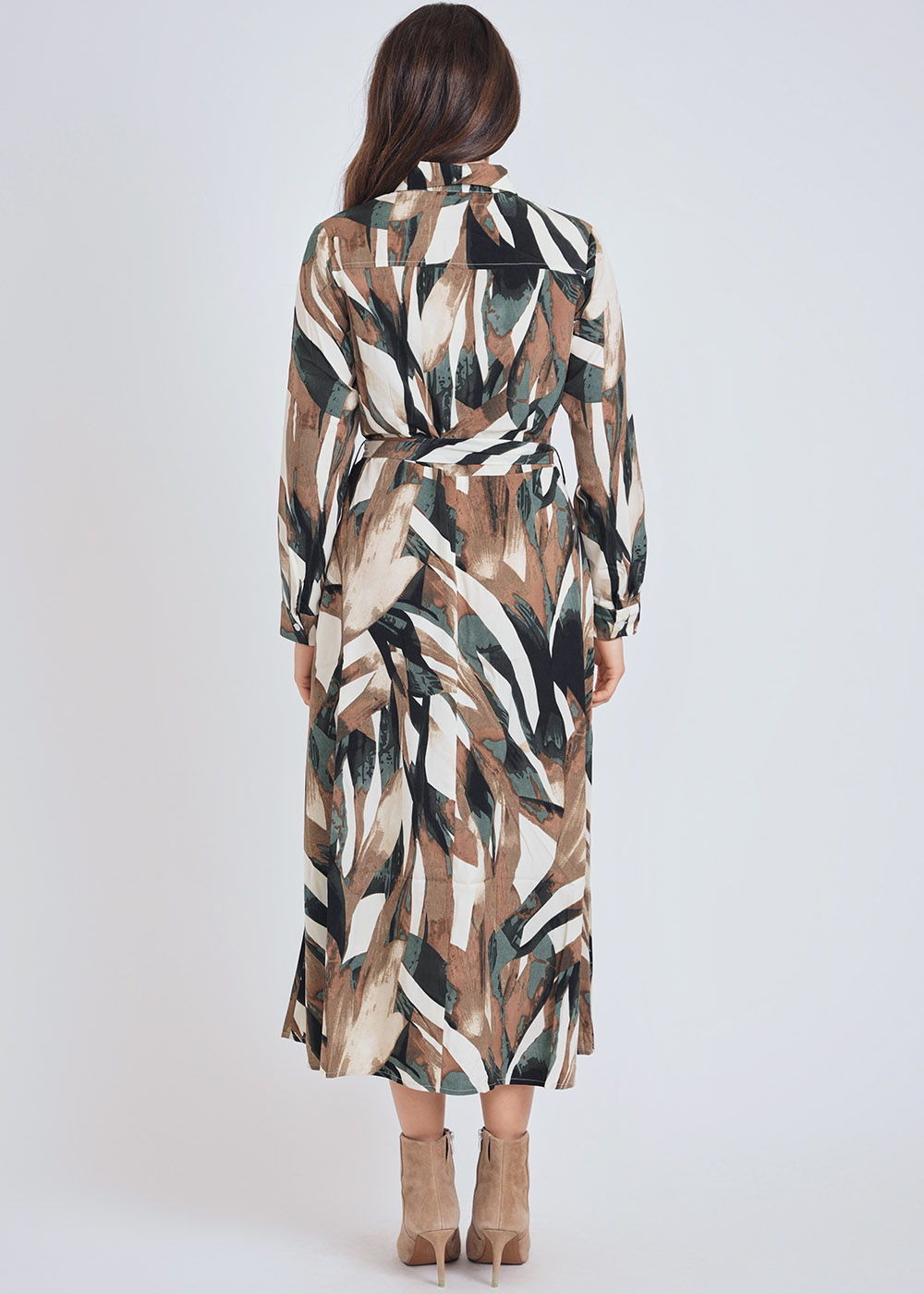 Olive Patterned Midi Dress with Button Front