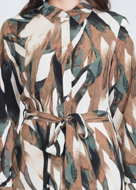 Olive Patterned Midi Dress with Button Front