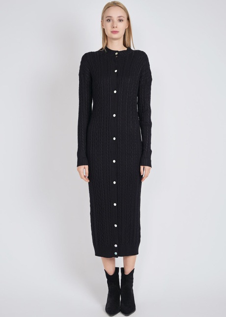 Black Dress Delight: Cable Knit Texture & Buttons