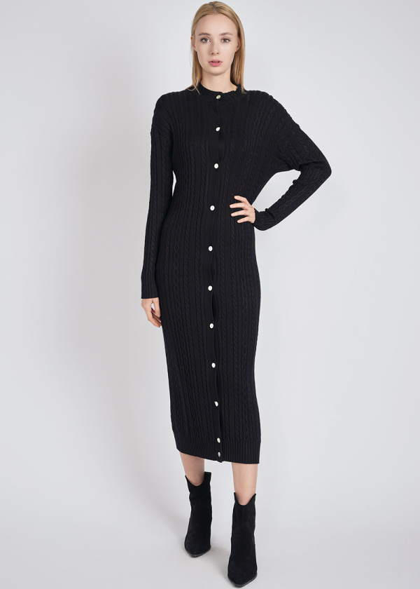 Black Dress Delight: Cable Knit Texture & Buttons