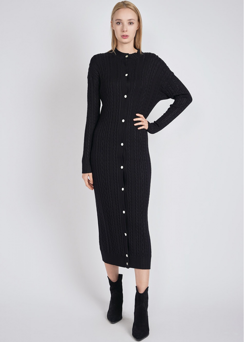 Black Dress Delight: Cable Knit Texture & Buttons | Modest Women ...
