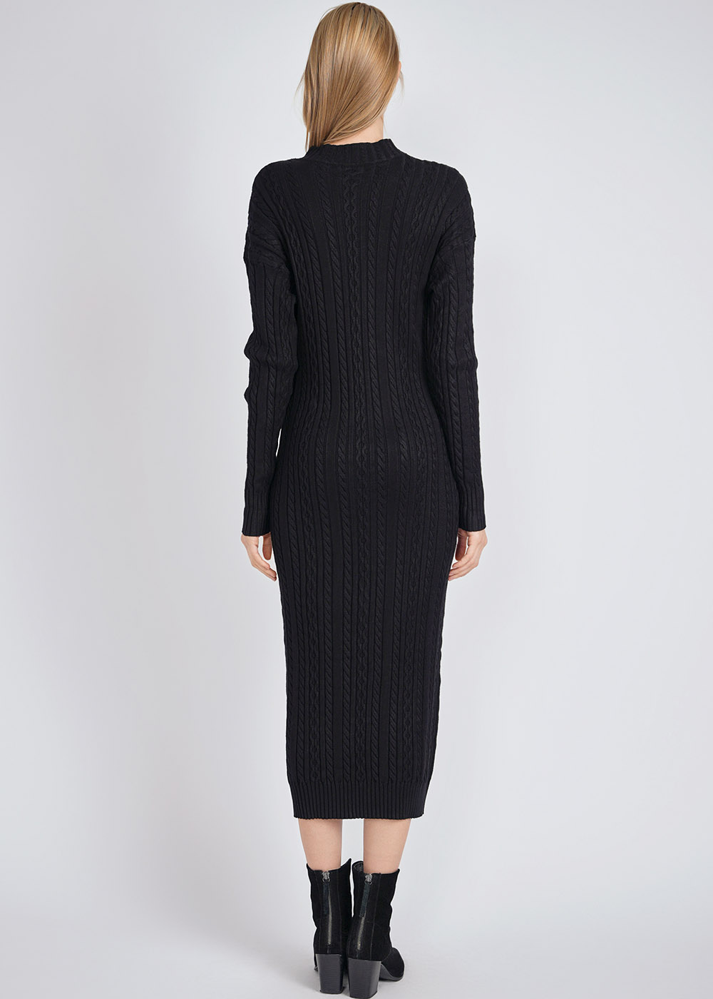 Black Dress Delight: Cable Knit Texture & Buttons