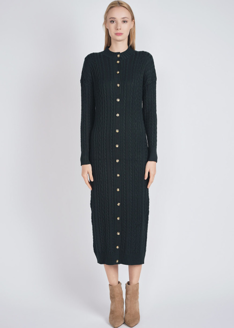 Warmth & Style: Green Cable Knit Dress with Buttons