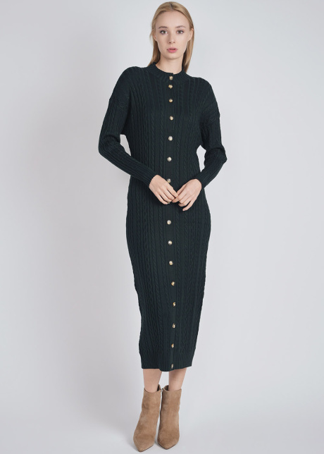 Warmth & Style: Green Cable Knit Dress with Buttons