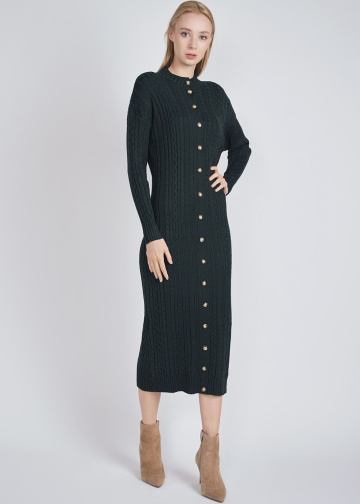 Warmth & Style: Green Cable Knit Dress with Buttons