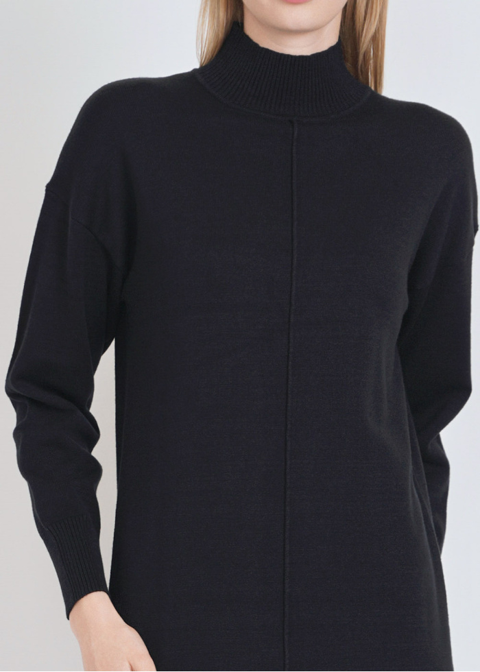 Black Beauty: Dress with Ribbed Features & Elevated Neck