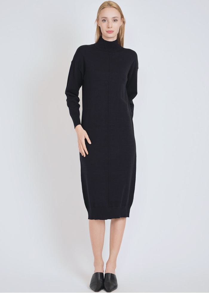 Black Beauty: Dress with Ribbed Features & Elevated Neck