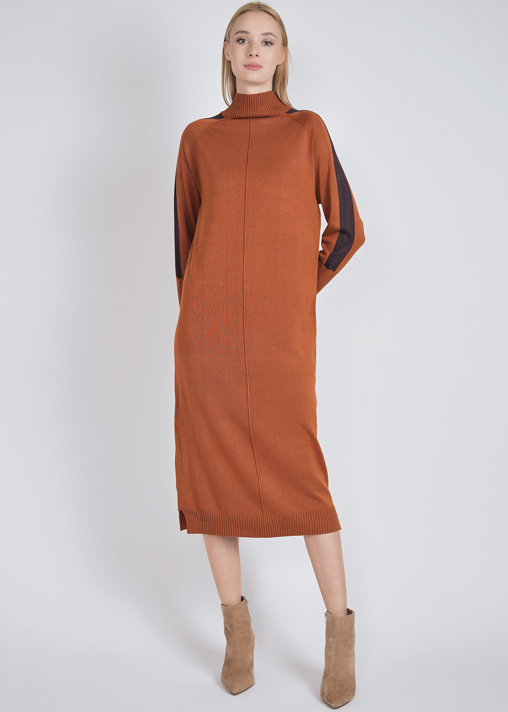 Sophisticated Rust Dress: High Neck & Striped Arms