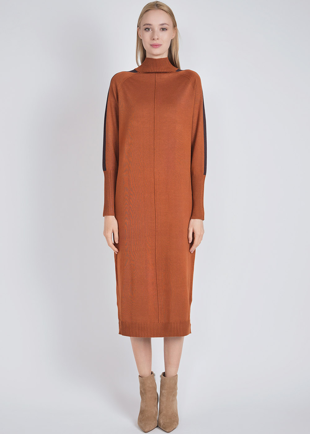 Sophisticated Rust Dress: High Neck & Striped Arms