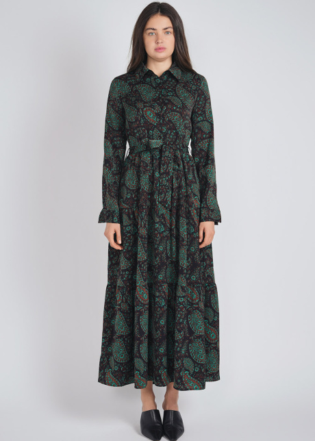 Abstract Elegance: Green Dress with Classic Collar