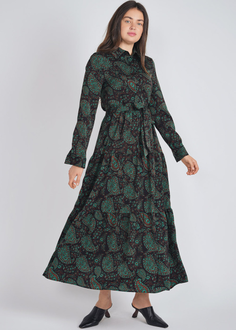 Abstract Elegance: Green Dress with Classic Collar