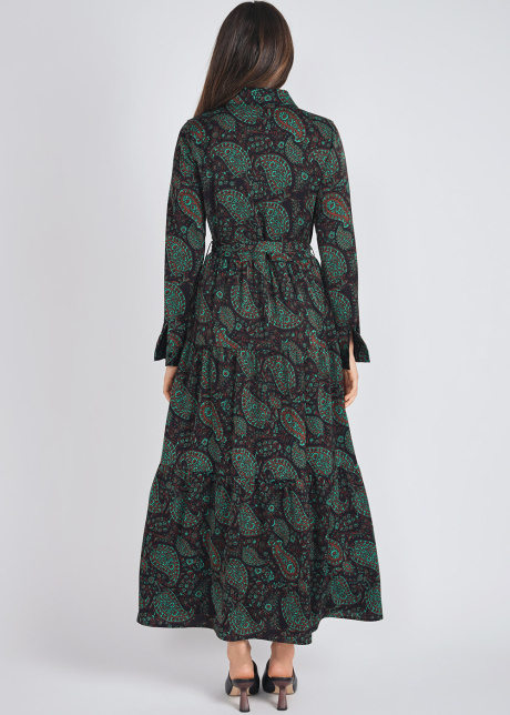 Abstract Elegance: Green Dress with Classic Collar