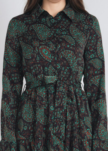 Abstract Elegance: Green Dress with Classic Collar