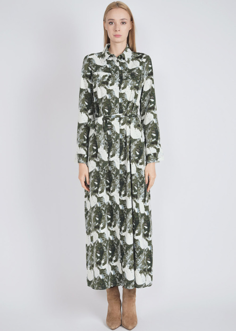 Elegant Green Abstract Dress with Collar & Pocket Detail