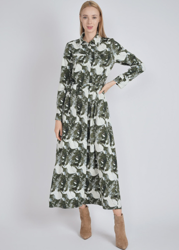 Elegant Green Abstract Dress with Collar & Pocket Detail