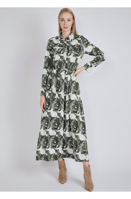 Elegant Green Abstract Dress with Collar & Pocket Detail