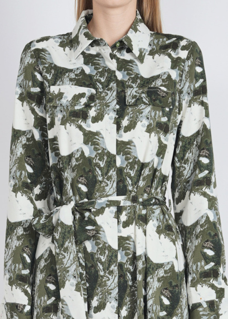 Elegant Green Abstract Dress with Collar & Pocket Detail