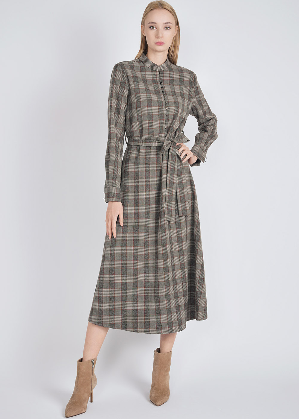 Checkered Charm: Brown Dress with Belt