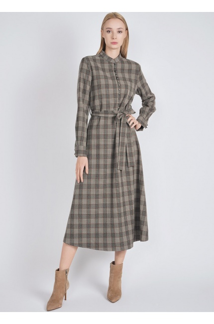 Checkered Charm: Brown Dress with Belt