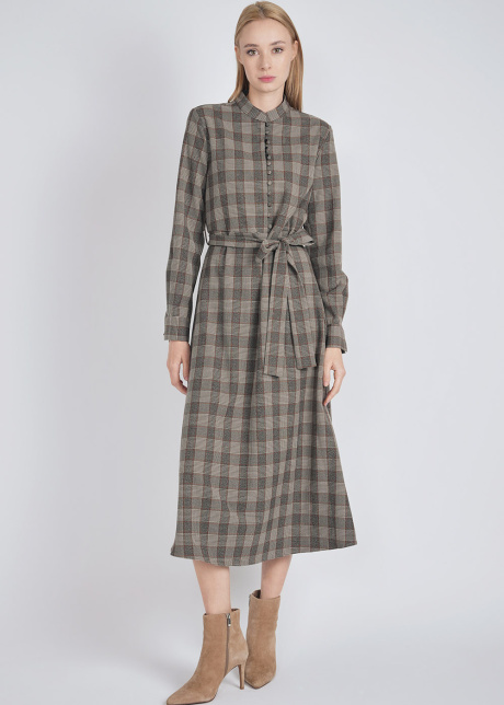 Checkered Charm: Brown Dress with Belt