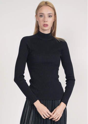 Refined Ribbed Aura: Black High Neck Sweater