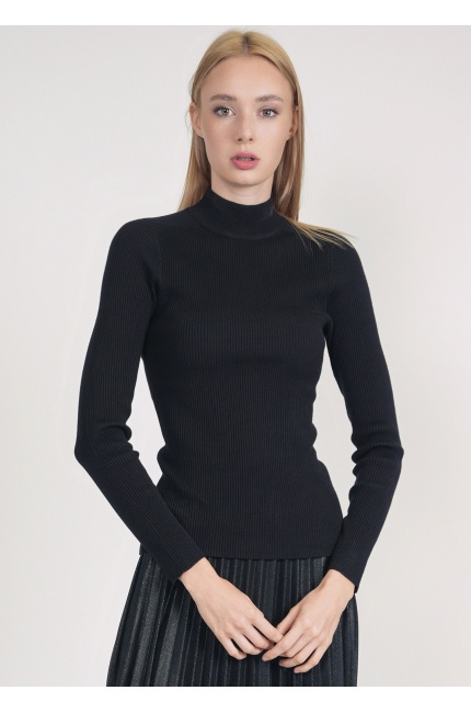 Refined Ribbed Aura: Black High Neck Sweater