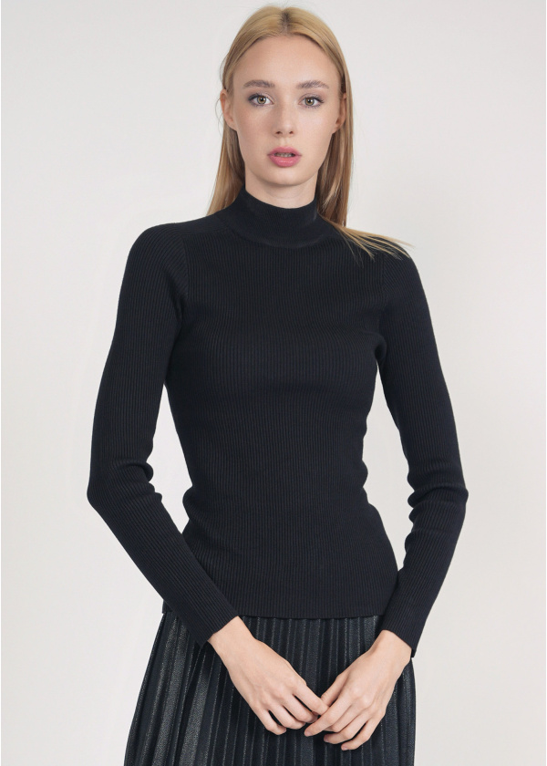 Refined Ribbed Aura: Black High Neck Sweater