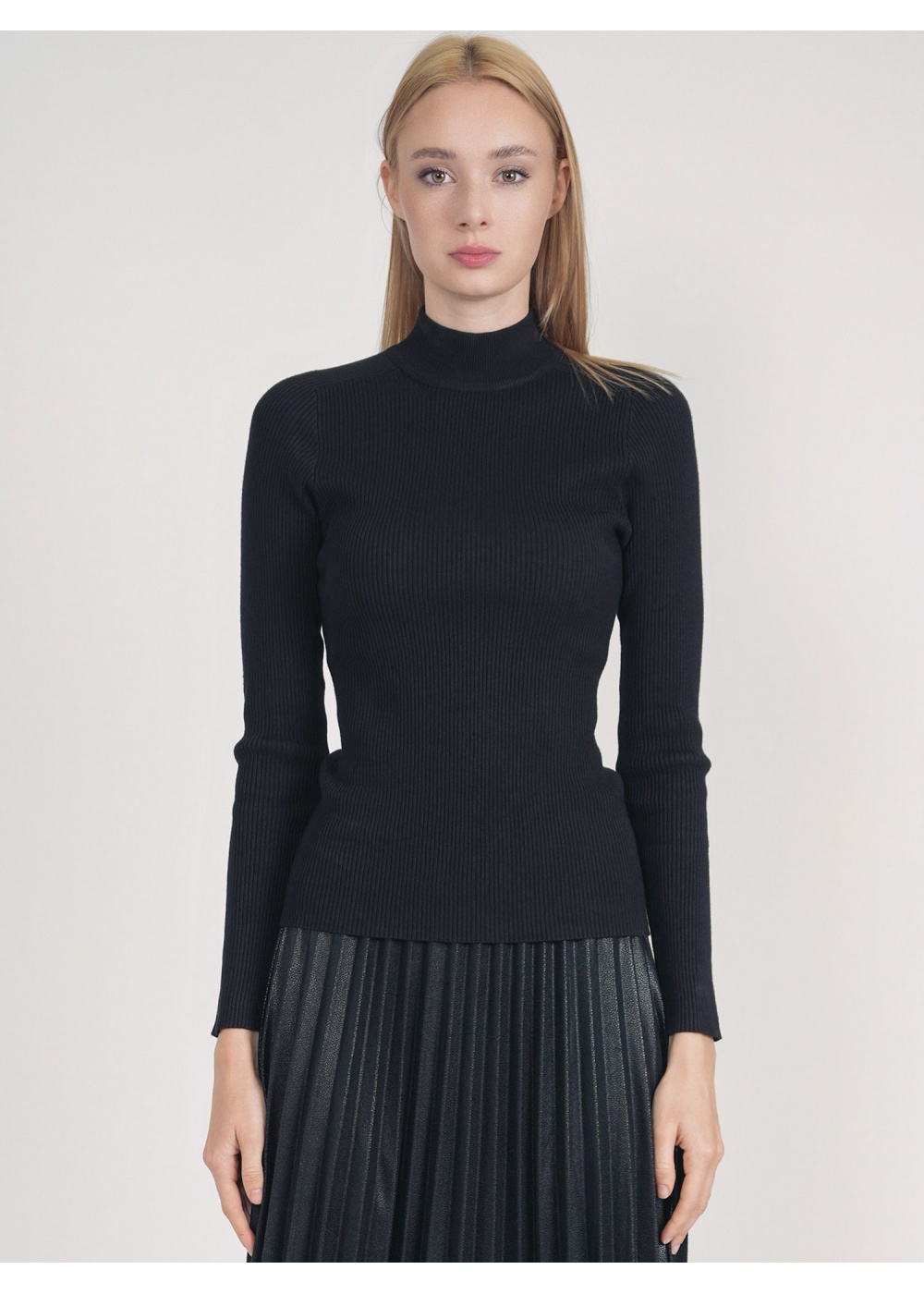 Refined Ribbed Aura: Black High Neck Sweater