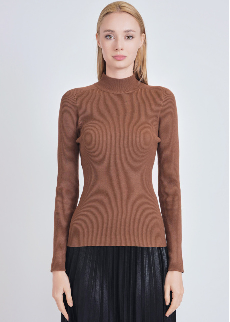 Camel Elegance: High Neck Ribbed Fitted Sweater