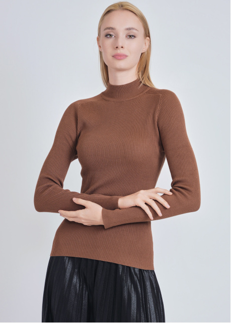 Camel Elegance: High Neck Ribbed Fitted Sweater