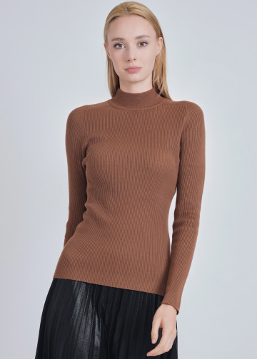 Camel Elegance: High Neck Ribbed Fitted Sweater