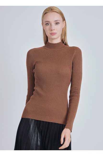 Camel Elegance: High Neck Ribbed Fitted Sweater