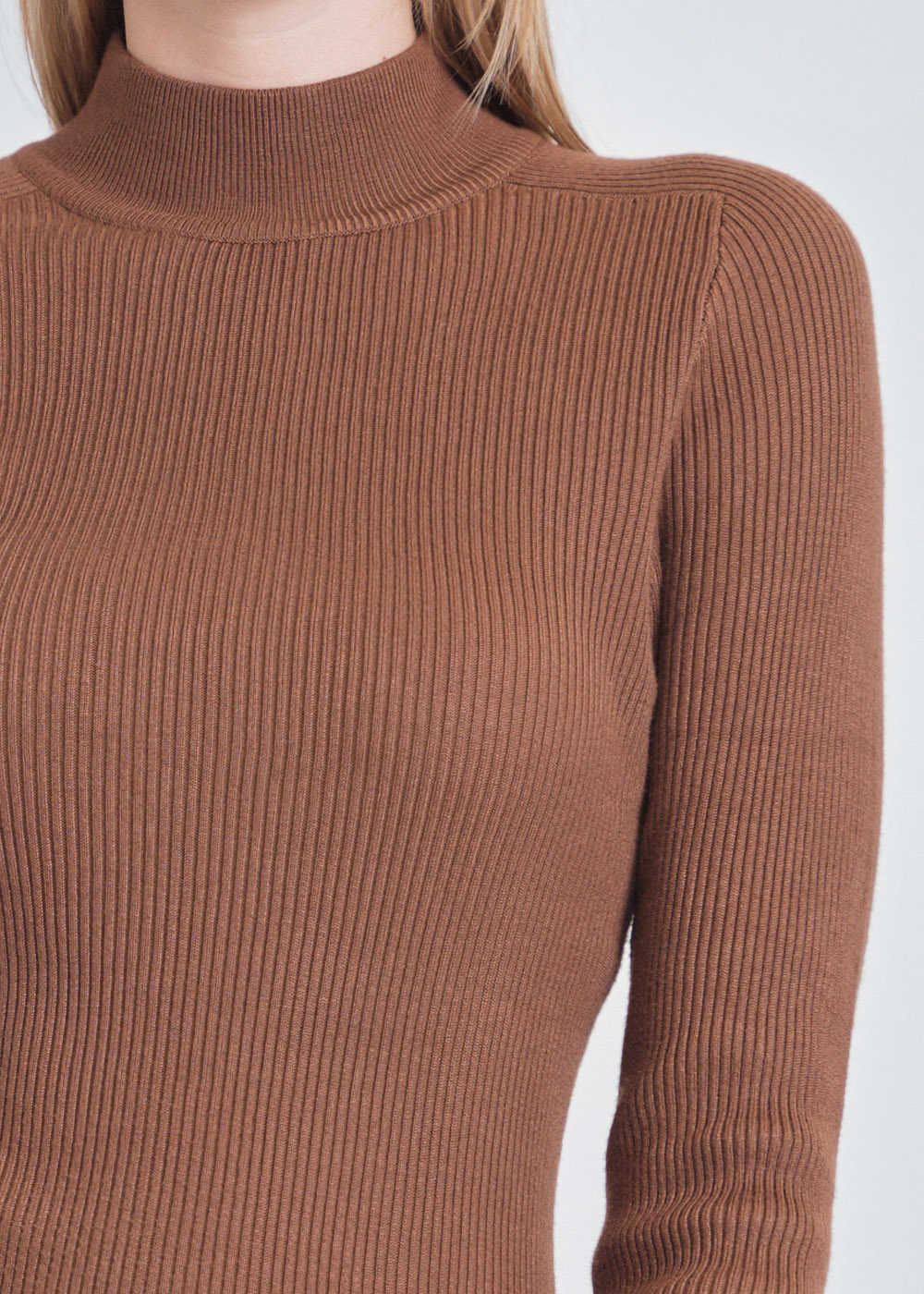 Camel Elegance: High Neck Ribbed Fitted Sweater