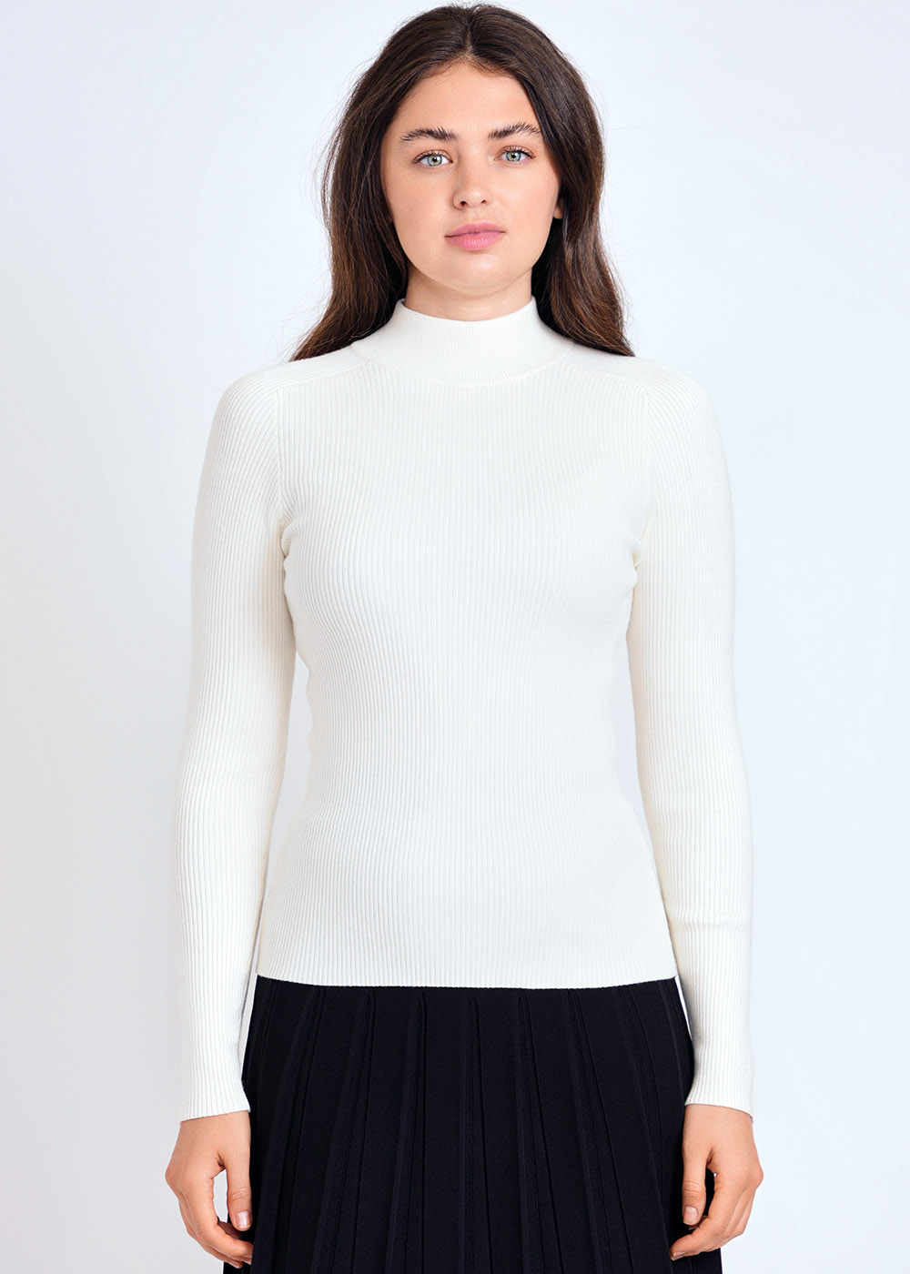 Off White High Neck Ribbed Fitted Sweater
