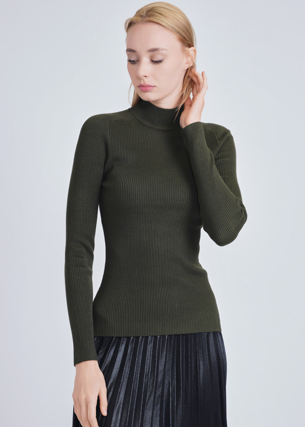 Classic Olive Close-Fit Ribbed High Neck Sweater