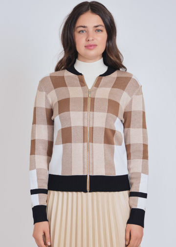 Camel Zip-Up Cardigan with Gentle Checkered Appeal