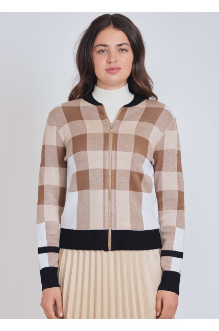 Camel Zip-Up Cardigan with Gentle Checkered Appeal