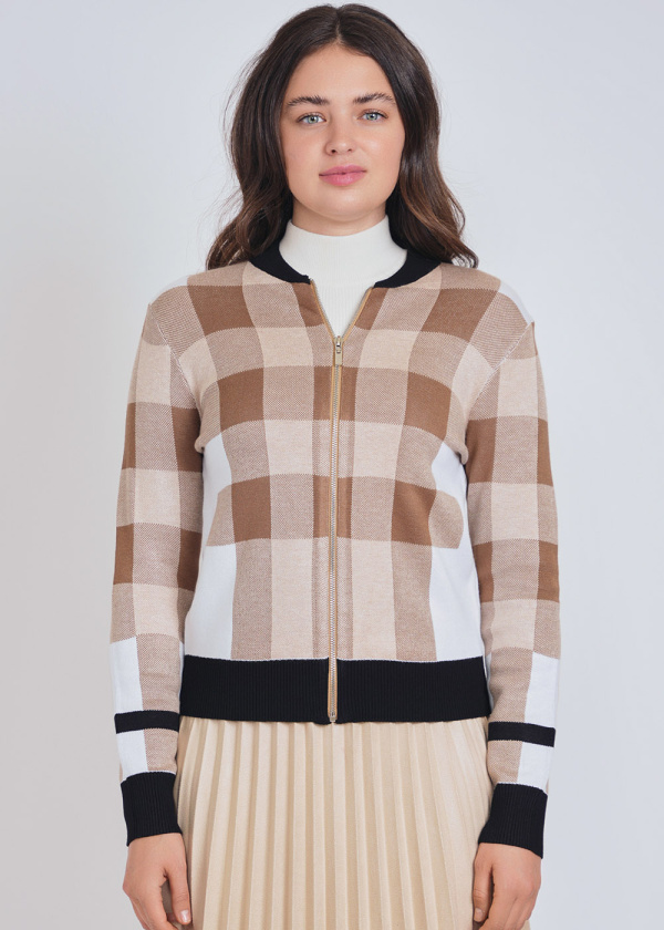 Camel Zip-Up Cardigan with Gentle Checkered Appeal
