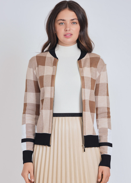 Camel Zip-Up Cardigan with Gentle Checkered Appeal