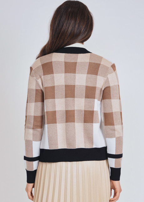 Camel Zip-Up Cardigan with Gentle Checkered Appeal