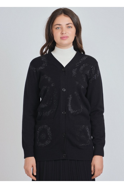 Shimmering Pattern: Black Cardigan with Glossy Accents