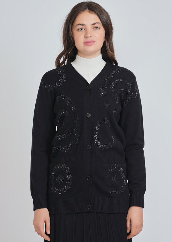 Shimmering Pattern: Black Cardigan with Glossy Accents