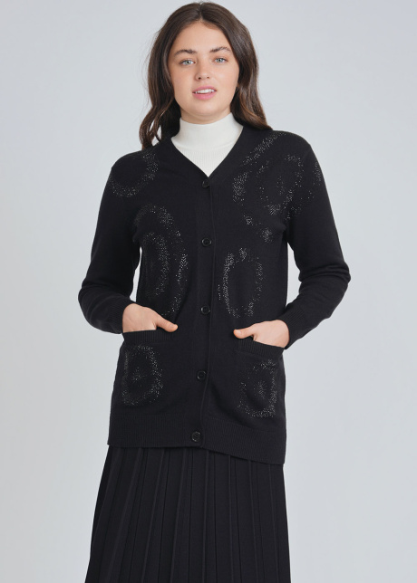 Shimmering Pattern: Black Cardigan with Glossy Accents