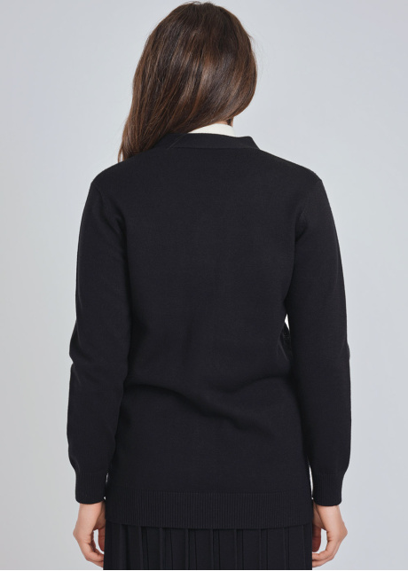 Shimmering Pattern: Black Cardigan with Glossy Accents
