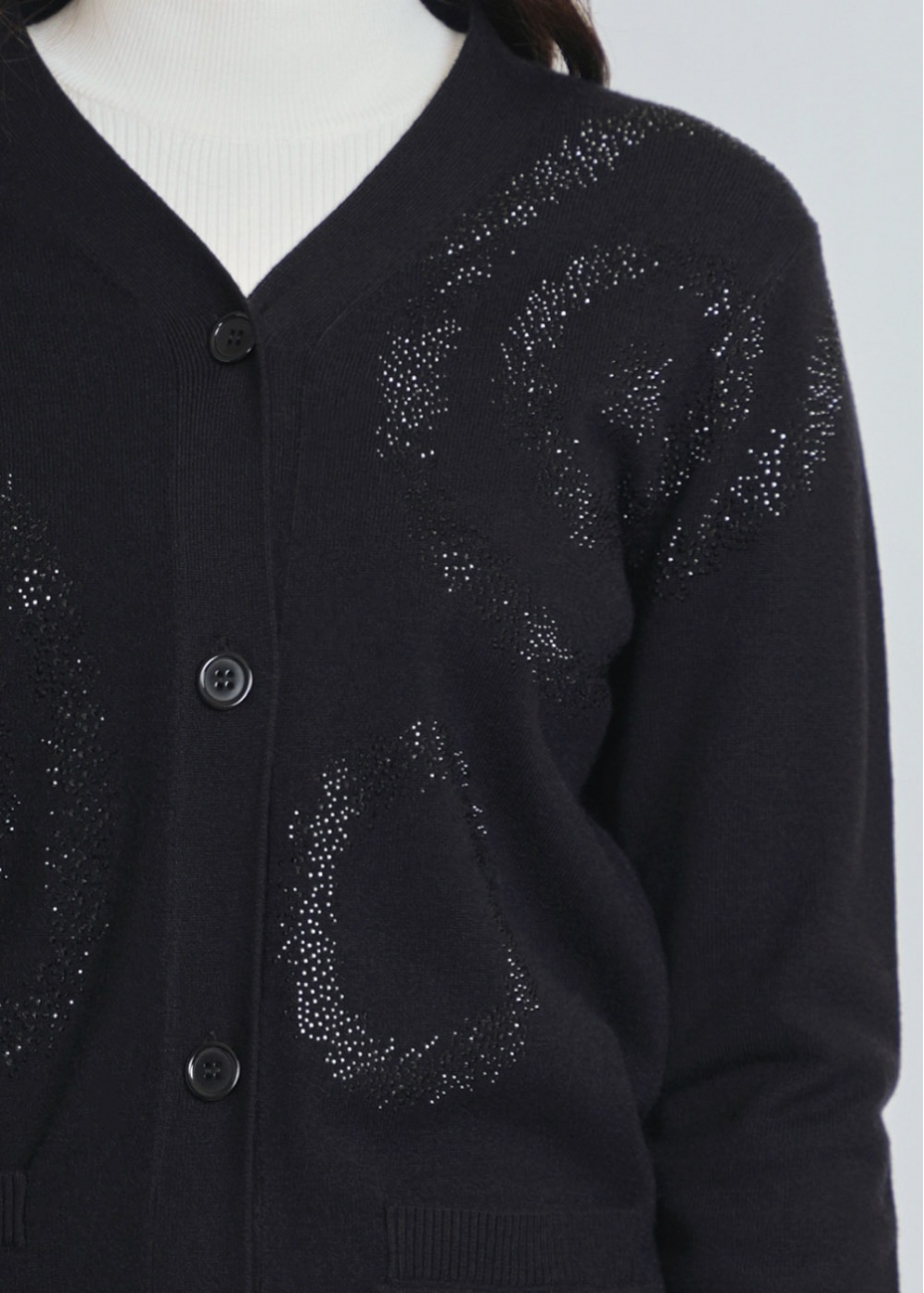Shimmering Pattern: Black Cardigan with Glossy Accents